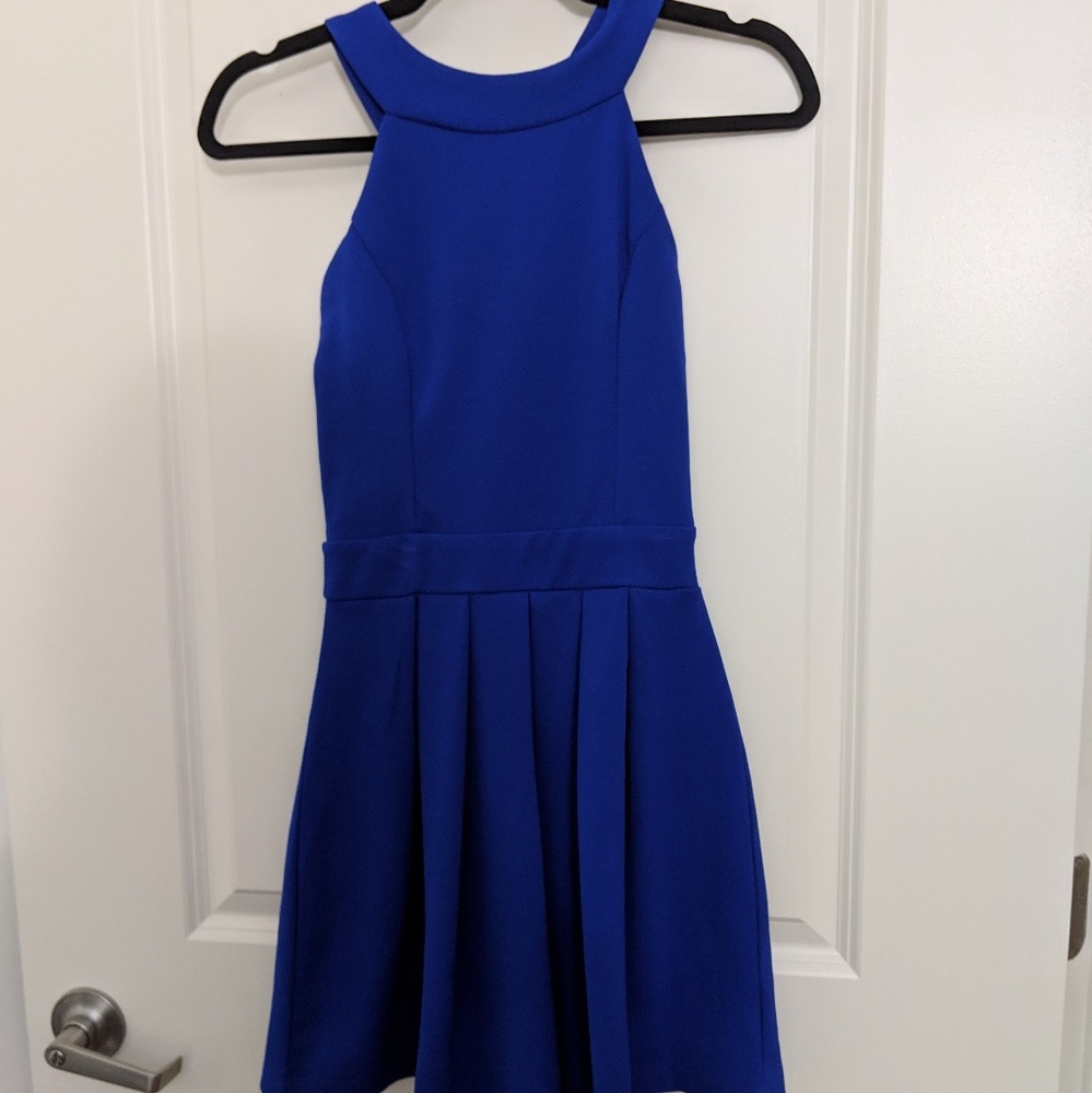 Cobalt blue high neck bow skater dress mini